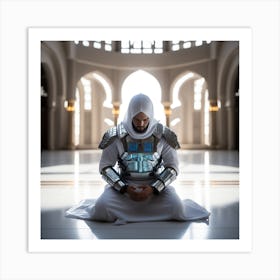 A 3d Dslr Photography Muslim Wearing Futuristic Digital Armor Suit , Praying Towards Makkah Masjid Al Haram, House Of God Award Winning Photography From The Year 8045 Qled Quality Designed By Apple Art Print
