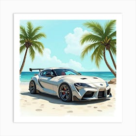 Modern Sports Car In A Tropical Paradise, Watercolor Painting 1 Art Print