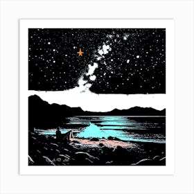 Man Sit By A Lake At Night - Dark Illustration Art Print