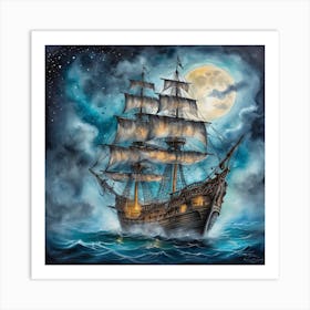 Pirate Ship At Night Art Print