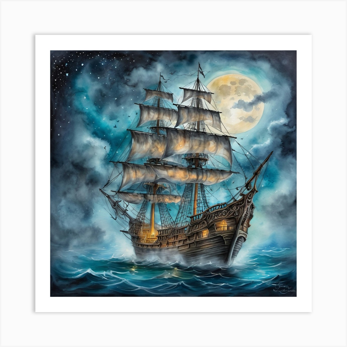 Pirate Ship At Night Art Print by Mystical Sunday Studios - Fy