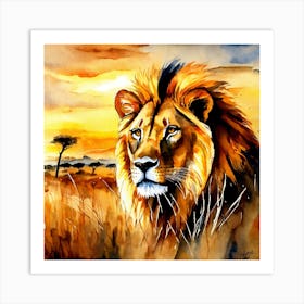 watercolor Lion In The Savannah Art Print