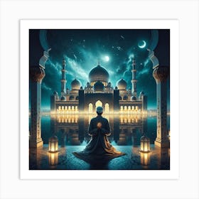 Muslim Man Praying In Front Of Mosque Art Print