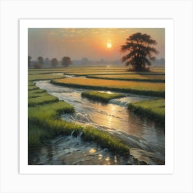 Sunset In A Rice Field Art Print