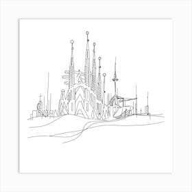 Barcelona Skyline, minimalist, line art, black and white. Art Print