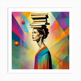 Modern Art: Woman with Books in Abstract Harmony Art Print