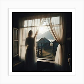 Woman Looking Out Of Window Art Print