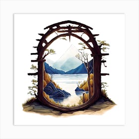 Nature Landscape With Archway, Lake, And Mountains Art Print