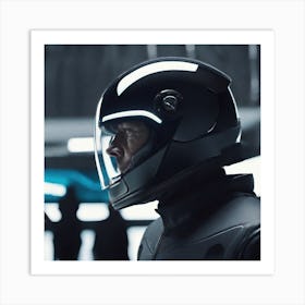 Create A Cinematic Apple Commercial Showcasing The Futuristic And Technologically Advanced World Of The Man In The Hightech Helmet, Highlighting The Cuttingedge Innovations And Sleek Design Of The Helmet And Its Art Print