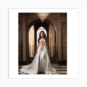 1. Woman 2. Dress 3. Red embroidery 4. Grand entrance hall 5. Confidence 6. Elegance. .woman standing in a grand entrance hall, wearing a white gown with red embroidery on the sleeves. She is posing confidently and elegantly, showcasing the beauty and craftsmanship of her attire. Art Print