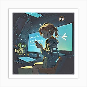 Anime Girl Sitting In Front Of Computer Art Print