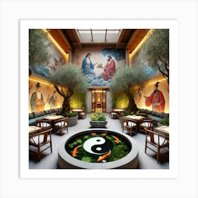 A Tranquil Courtyard Interior With A Yin Yang Koi Art Print