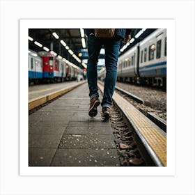 A Person Stepping Onto A Train Platform Capture By Nikon D850 Nicely Blurred Highlight The Main Subj 3554528379 Art Print