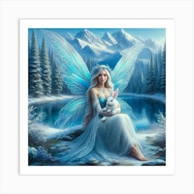 Fairy sitting in snow with a white bunny  Art Print