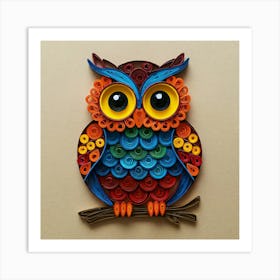 A Colorful Quilled Paper Owl With Large Eyes On A Beige Background Art Print