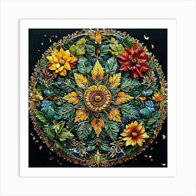 Mandala, A Mandala Made From Leaves Flowers And Animals Radiating From A Central Point 1 Art Print