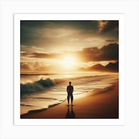 Man Standing On The Beach At Sunset Art Print