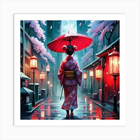 Woman In Kimono Walking In Rainy City Street Art Print