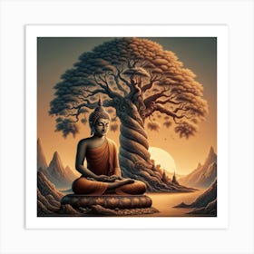 "Tranquil Dawn: Buddha's Enlightenment" - This artwork captures the serene moment of Buddha's enlightenment under the Bodhi tree. The warm glow of sunrise bathes the scene in a peaceful light, symbolizing awakening and inner peace. The detailed depiction of the tree and the Buddha in meditation conveys a deep connection with nature and the profound tranquility of spiritual realization. This piece is ideal for creating a contemplative space that encourages reflection and calmness, resonating with anyone seeking inspiration from the Buddha's journey towards enlightenment. Art Print