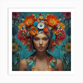 a woman in a colorful flower headdress, in the style of three-dimensional effects, pop-inspired imagery, uhd image, layered collages, barbie-core, futuristic pop, floral creative collage digital art by Paul Henderson, in the style of flower power, vibrant portraiture, UHD image, mike campau, multi-layered color fields, peter Mitchel, mandy disher flower collage art by, in the style of retro-futuristic cyberpunk,
441 Art Print
