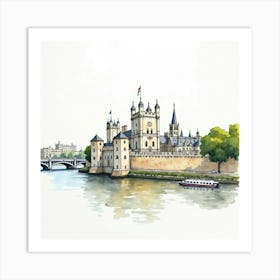 Watercolor Painting Of The Tower Of London, Capturing Its Historic Architecture And The Surrounding River Thames Art Print