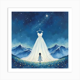 Delicate Dress Watercolor, With A Starry Night Over Mountains 1 Art Print