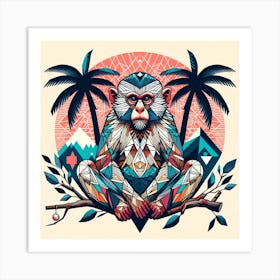 Geometric Art Monkey sits on a palm tree 2 Art Print