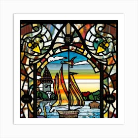 Image of medieval stained glass windows of a sunset at sea 9 Art Print