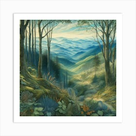 Blue Ridge Mountain forest in the style of Ivan Bilibin, Ernst Haeckel, Daniel Merriam, watercolor and ink. Art Print