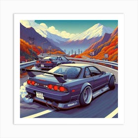 Japanese cars drifitng down a mountain pass 2 Art Print