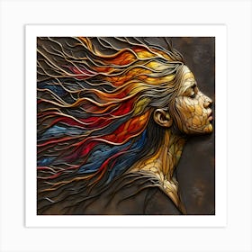 Portrait Of A Woman's Face In Sideways - An Embossed Abstract Artwork In Red, Blue, Orange, And Yellow Colors, Veins-Like Textured Flowing Hair, With Neck And The Face Created With Stone Bead Effect In Golden Color. Art Print