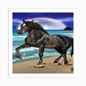 Black Horse On The Beach Art Print