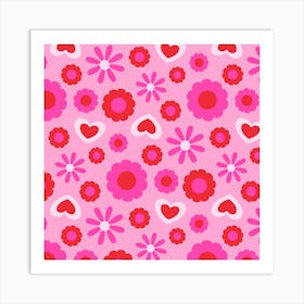 CHARMING Valentines Friendship Feminine Love Hearts Flowers in Pink and Red Art Print