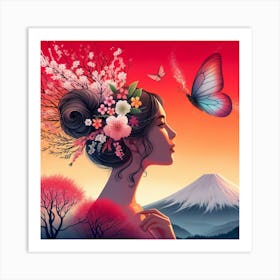 Woman With Butterfly And Cherry Blossoms Art Print