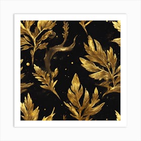 Gold Leaves On Black Background Art Print