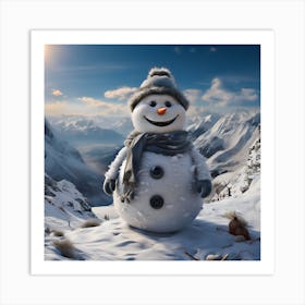 Snowman In The Mountains Art Print