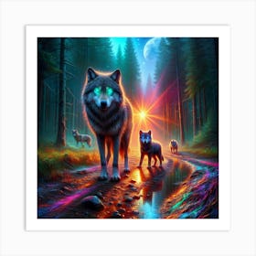 Mystical Forest Wolves Seeking Mushrooms and Crystals 3 Art Print