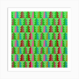 Trees Pattern Retro Pink Red Yellow Holidays Advent Christmas Art Print