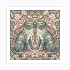 William Morris  Inspired  Classic Cats Smiley Cats Sage And Pink Square Art Print