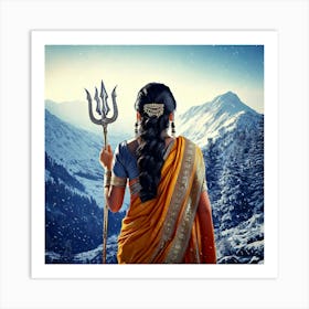 Firefly Indian, Married Woman, Sari, Traditional, Durga, Trident, Weapon, Snow, Hills, Backward View (10) Art Print