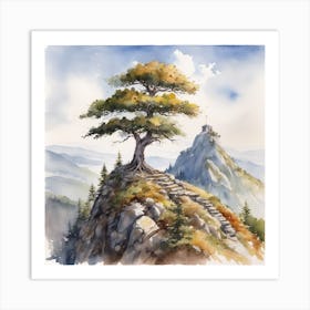 Watercolor Of A Lone Tree On A Mountain Art Print