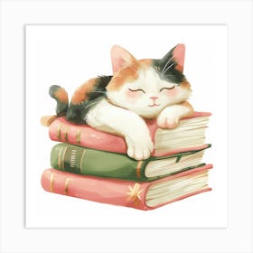 Cat Sleeping On Books 2 Art Print