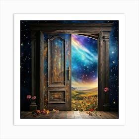 An Aged Wooden Door Rich With The Grooves Of Time Is Ajar In A Wall Adorned With Wallpaper Boastin Art Print