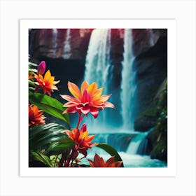 Tropical Flowers And Waterfall Art Print