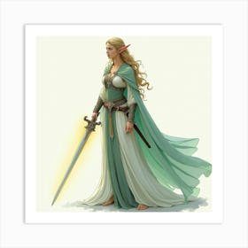 Graceful Elven Warrior With A Glowing Sword, Watercolor 1 Art Print