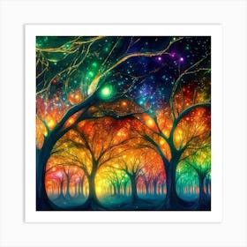 A captivating scene of trees that appear to be alive, with twinkling lights and vibrant 10 Art Print