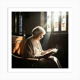 An Elderly Woman Of Faith Dressed In A White Cardigan Is Absorbed In Reading The Holy Bible Her H (2) Art Print