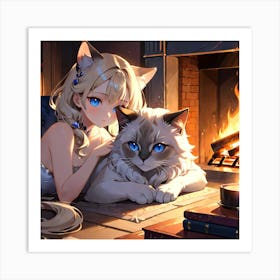 Anime Girl With Cat 1 Art Print