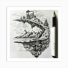 Island In The Sky Hand Drawn Sketch Art Print