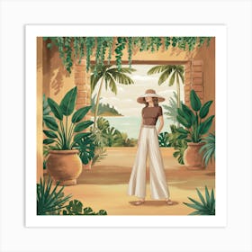 Woman In A Hat Standing In A Garden Art Print